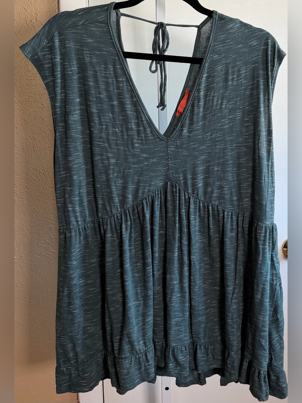 ModCloth Plus Size 2X Forest Green Babydoll Ruffle Tie Back Top Made USA